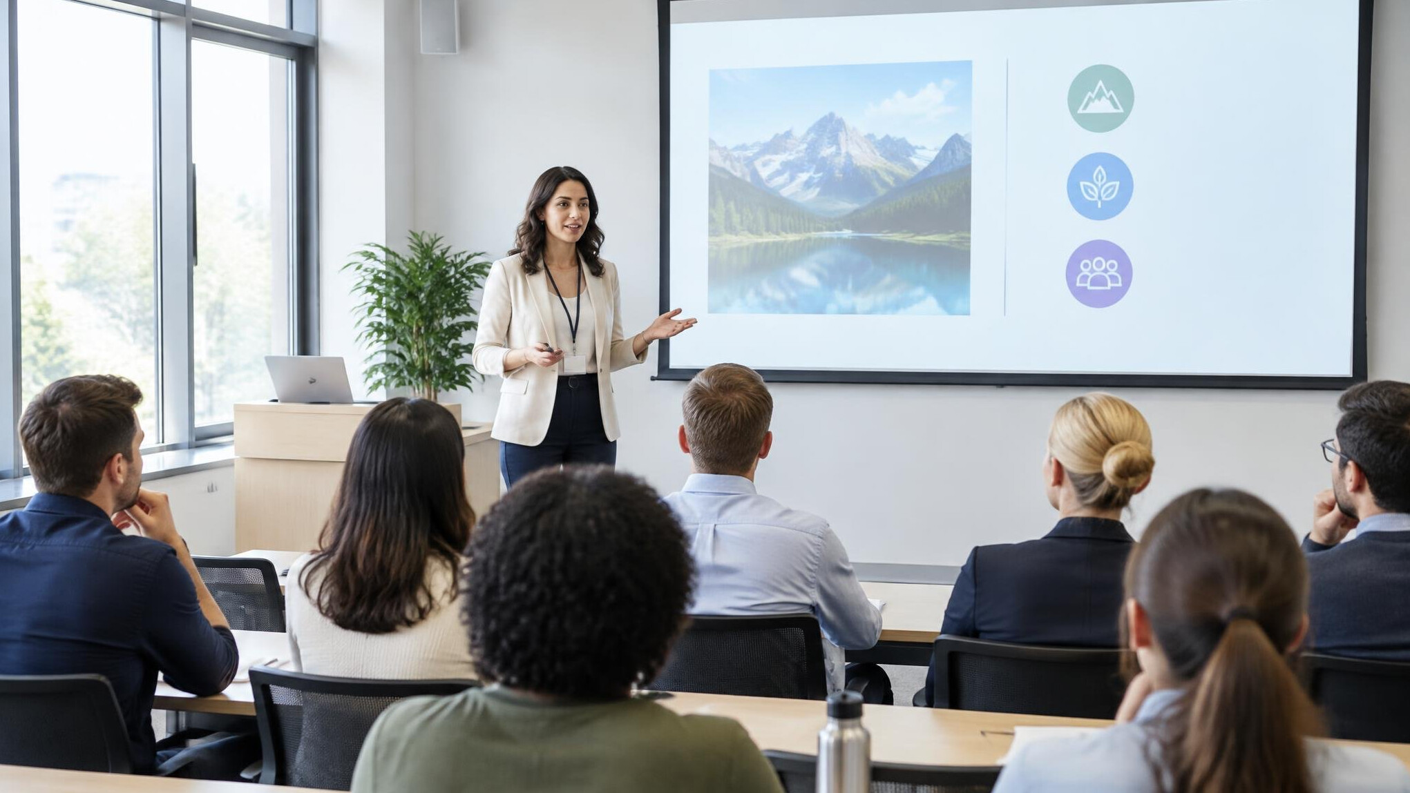 Instructor presenting to an attentive audience in a lecture hall