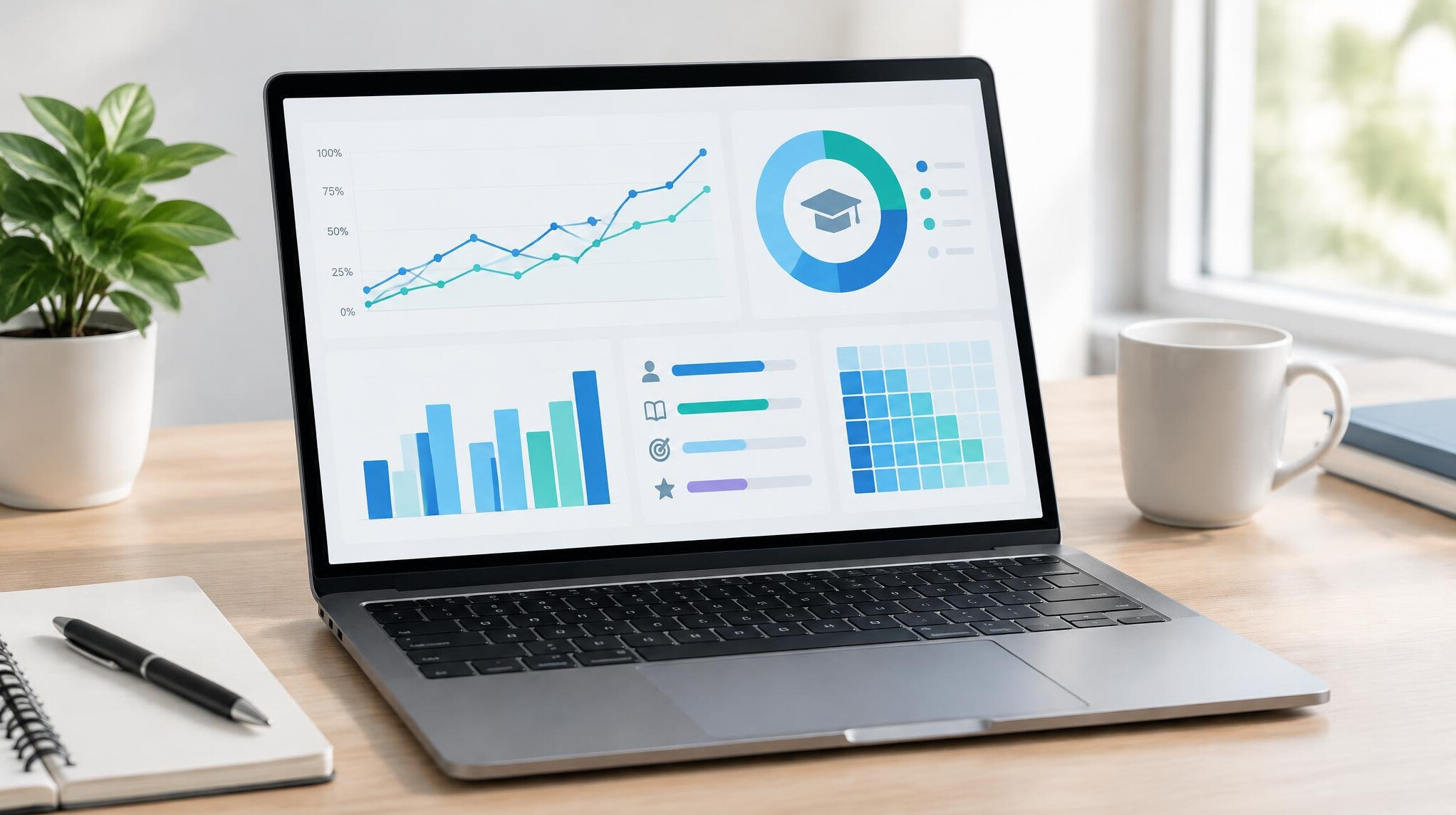 Screen with analytics charts and graphs