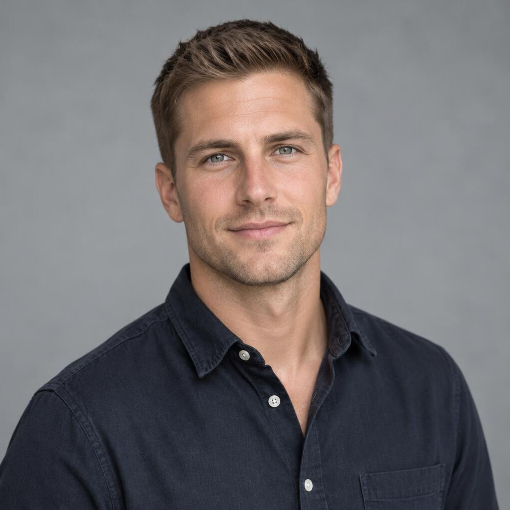 Portrait of a young man in a dark shirt looking at the camera